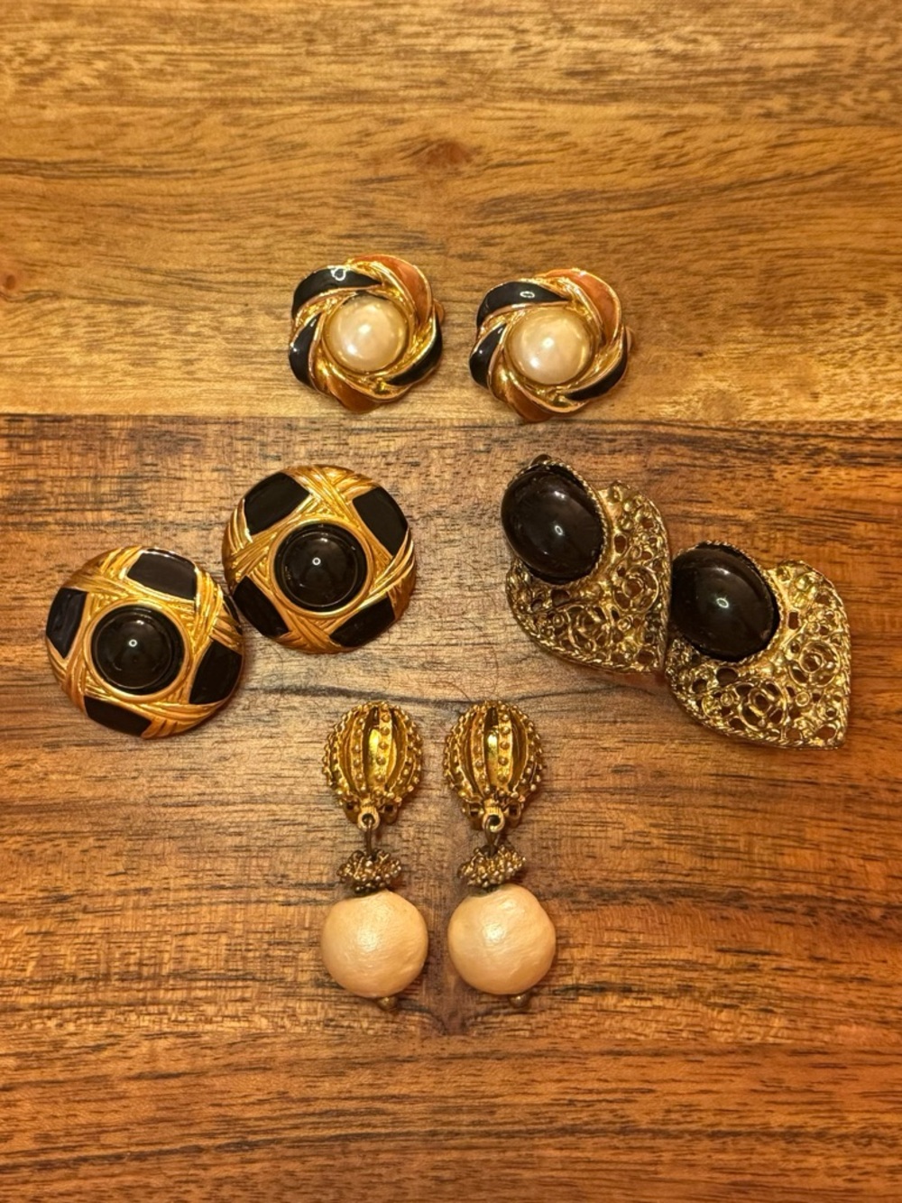 Designer-Inspired Gold, Pearl and Black Statement Earrings - Set of 4